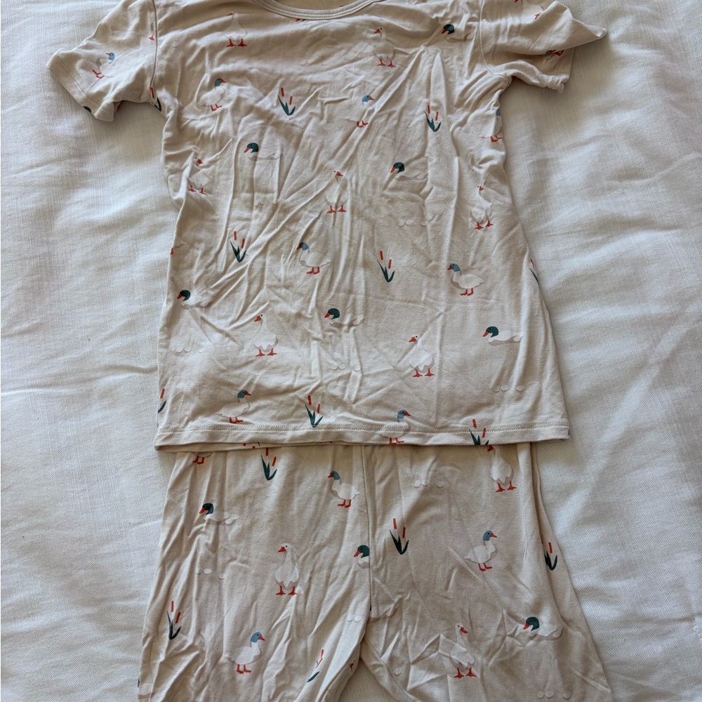 Kyte BABY Cream Duck-Print Short Sleeve Pajama Set with Green and Coral Accents